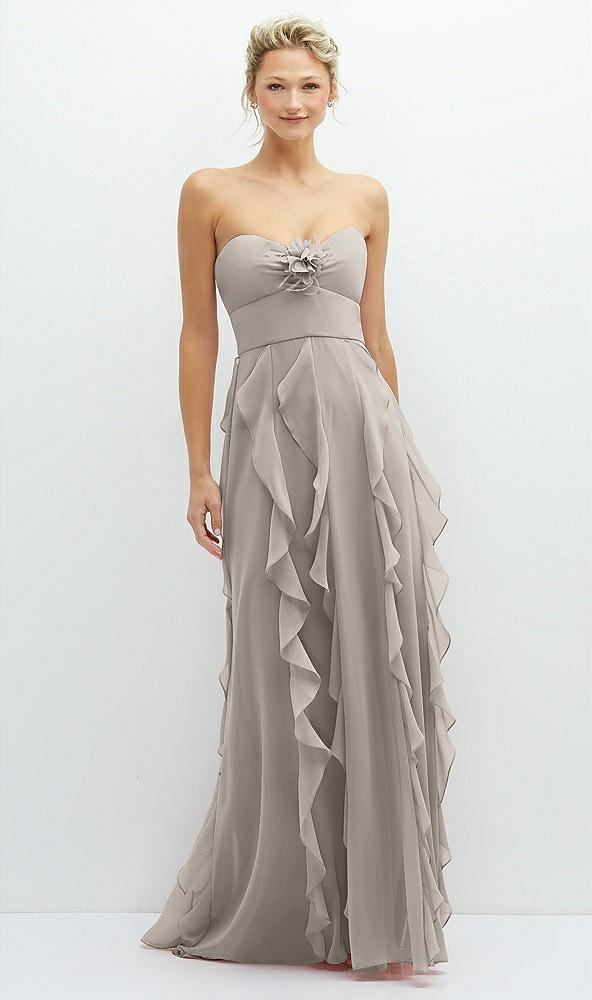 Front View - Taupe Strapless Vertical Ruffle Chiffon Maxi Dress with Flower Detail