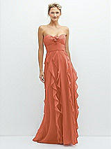 Front View Thumbnail - Terracotta Copper Strapless Vertical Ruffle Chiffon Maxi Dress with Flower Detail