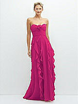 Front View Thumbnail - Think Pink Strapless Vertical Ruffle Chiffon Maxi Dress with Flower Detail