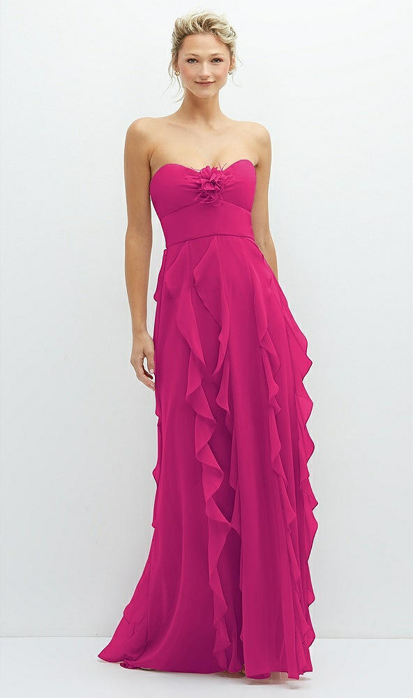 Front View - Think Pink Strapless Vertical Ruffle Chiffon Maxi Dress with Flower Detail