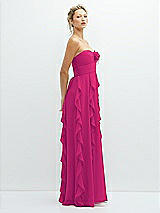 Side View Thumbnail - Think Pink Strapless Vertical Ruffle Chiffon Maxi Dress with Flower Detail