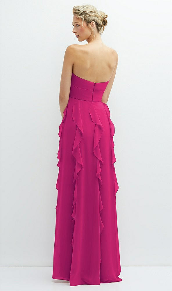 Back View - Think Pink Strapless Vertical Ruffle Chiffon Maxi Dress with Flower Detail