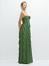 Side View Thumbnail - Vineyard Green Strapless Vertical Ruffle Chiffon Maxi Dress with Flower Detail