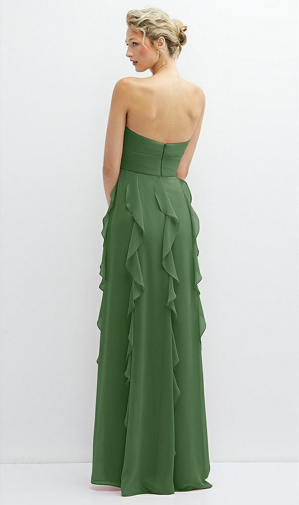 Back View - Vineyard Green Strapless Vertical Ruffle Chiffon Maxi Dress with Flower Detail