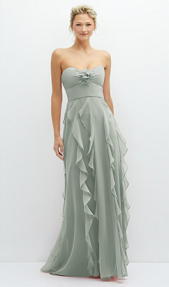 Front View - Willow Green Strapless Vertical Ruffle Chiffon Maxi Dress with Flower Detail