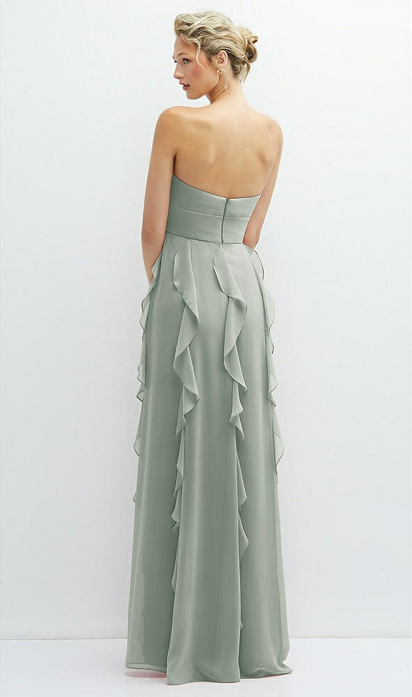 Back View - Willow Green Strapless Vertical Ruffle Chiffon Maxi Dress with Flower Detail