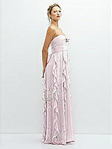 Side View Thumbnail - Watercolor Print Strapless Vertical Ruffle Chiffon Maxi Dress with Flower Detail