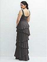Rear View Thumbnail - Caviar Gray Asymmetrical Tiered Ruffle Chiffon Maxi Dress with Handworked Flowers Detail