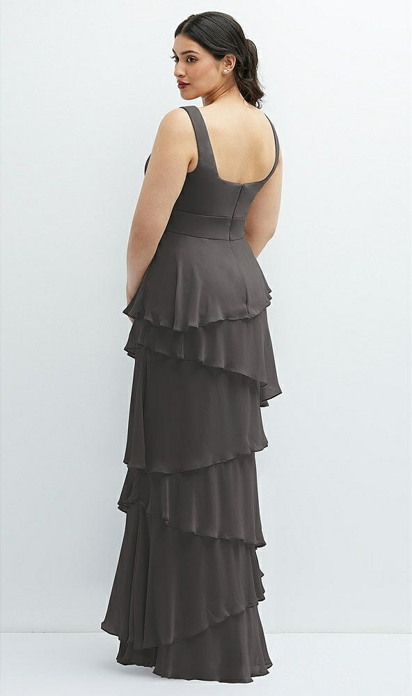 Back View - Caviar Gray Asymmetrical Tiered Ruffle Chiffon Maxi Dress with Handworked Flowers Detail