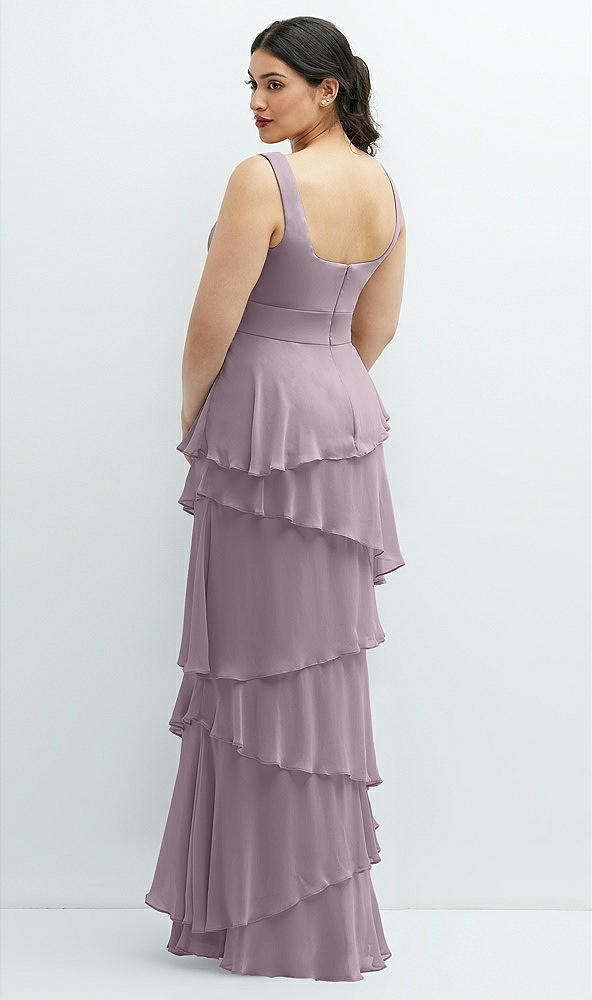 Back View - Lilac Dusk Asymmetrical Tiered Ruffle Chiffon Maxi Dress with Handworked Flowers Detail