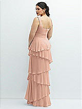 Rear View Thumbnail - Pale Peach Asymmetrical Tiered Ruffle Chiffon Maxi Dress with Handworked Flowers Detail