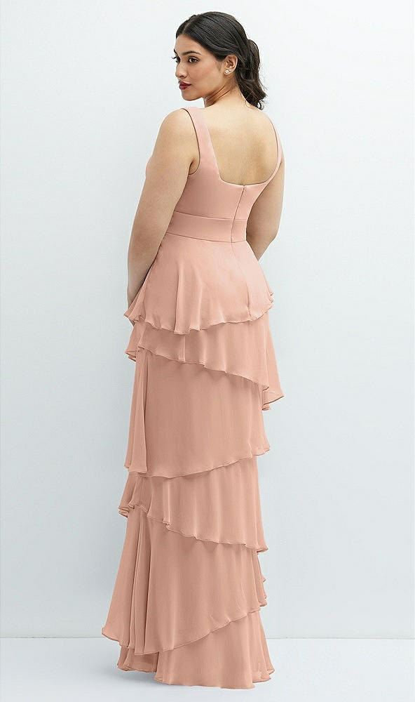 Back View - Pale Peach Asymmetrical Tiered Ruffle Chiffon Maxi Dress with Handworked Flowers Detail