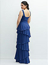 Rear View Thumbnail - Classic Blue Asymmetrical Tiered Ruffle Chiffon Maxi Dress with Handworked Flowers Detail