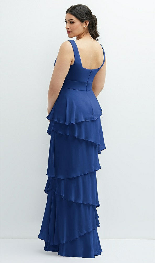 Back View - Classic Blue Asymmetrical Tiered Ruffle Chiffon Maxi Dress with Handworked Flowers Detail