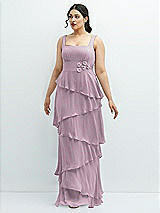 Front View Thumbnail - Suede Rose Asymmetrical Tiered Ruffle Chiffon Maxi Dress with Handworked Flowers Detail