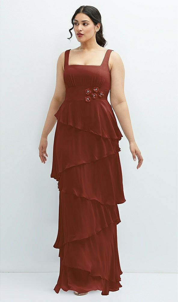 Front View - Auburn Moon Asymmetrical Tiered Ruffle Chiffon Maxi Dress with Handworked Flowers Detail