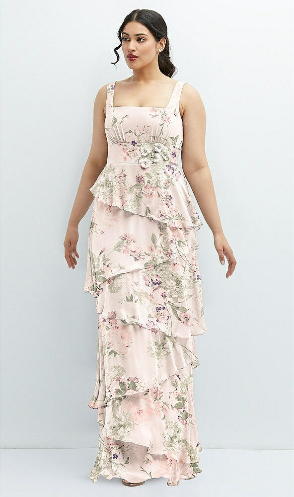 Front View - Blush Garden Asymmetrical Tiered Ruffle Chiffon Maxi Dress with Handworked Flowers Detail
