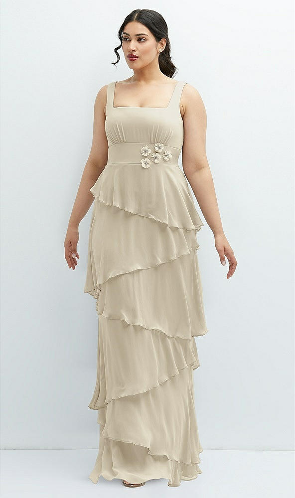 Front View - Champagne Asymmetrical Tiered Ruffle Chiffon Maxi Dress with Handworked Flowers Detail