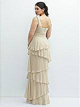 Rear View Thumbnail - Champagne Asymmetrical Tiered Ruffle Chiffon Maxi Dress with Handworked Flowers Detail
