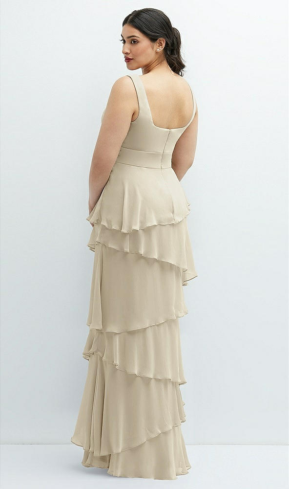 Back View - Champagne Asymmetrical Tiered Ruffle Chiffon Maxi Dress with Handworked Flowers Detail