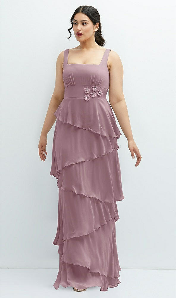 Front View - Dusty Rose Asymmetrical Tiered Ruffle Chiffon Maxi Dress with Handworked Flowers Detail