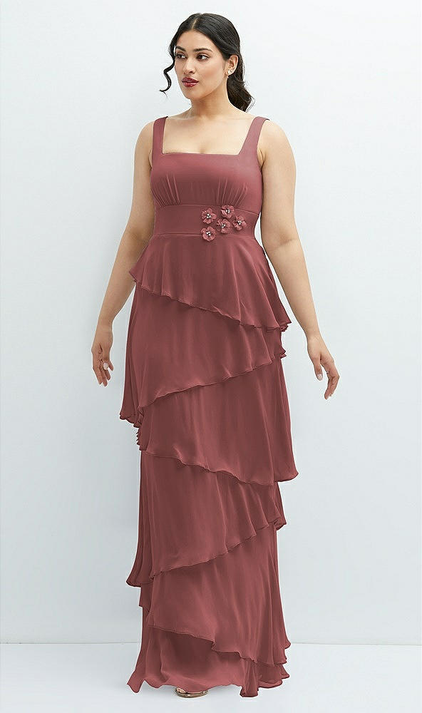 Front View - English Rose Asymmetrical Tiered Ruffle Chiffon Maxi Dress with Handworked Flowers Detail