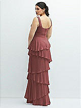 Rear View Thumbnail - English Rose Asymmetrical Tiered Ruffle Chiffon Maxi Dress with Handworked Flowers Detail