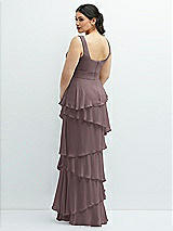 Rear View Thumbnail - French Truffle Asymmetrical Tiered Ruffle Chiffon Maxi Dress with Handworked Flowers Detail