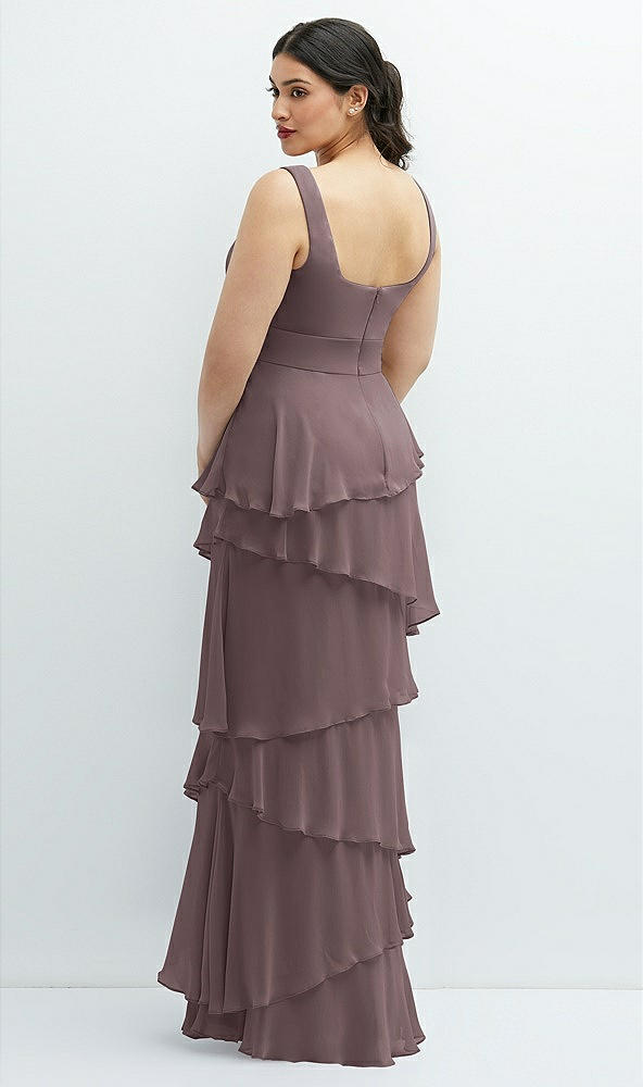 Back View - French Truffle Asymmetrical Tiered Ruffle Chiffon Maxi Dress with Handworked Flowers Detail