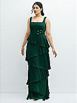 Front View Thumbnail - Hunter Green Asymmetrical Tiered Ruffle Chiffon Maxi Dress with Handworked Flowers Detail