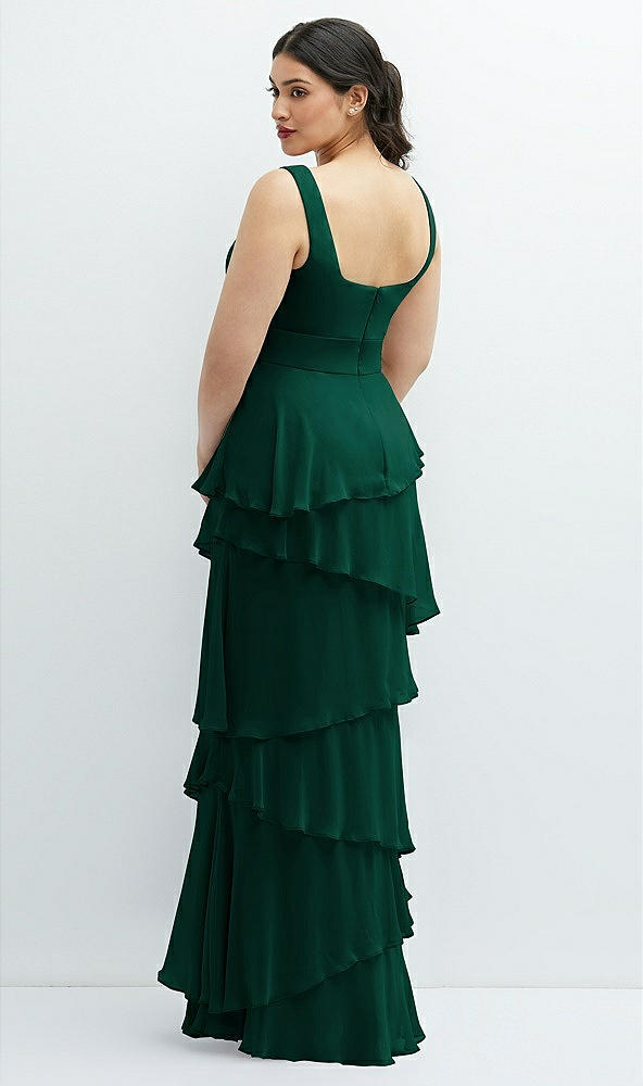 Back View - Hunter Green Asymmetrical Tiered Ruffle Chiffon Maxi Dress with Handworked Flowers Detail