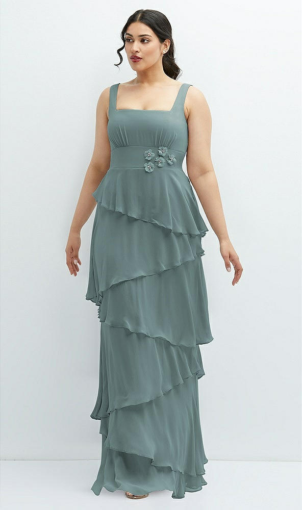 Front View - Icelandic Asymmetrical Tiered Ruffle Chiffon Maxi Dress with Handworked Flowers Detail