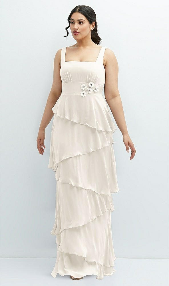 Front View - Ivory Asymmetrical Tiered Ruffle Chiffon Maxi Dress with Handworked Flowers Detail