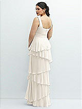 Rear View Thumbnail - Ivory Asymmetrical Tiered Ruffle Chiffon Maxi Dress with Handworked Flowers Detail