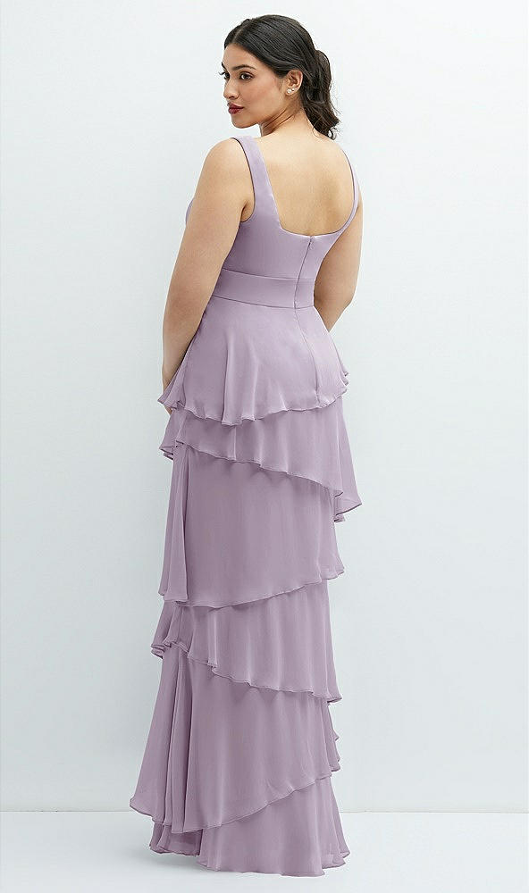 Back View - Lilac Haze Asymmetrical Tiered Ruffle Chiffon Maxi Dress with Handworked Flowers Detail