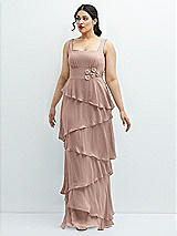 Front View Thumbnail - Neu Nude Asymmetrical Tiered Ruffle Chiffon Maxi Dress with Handworked Flowers Detail