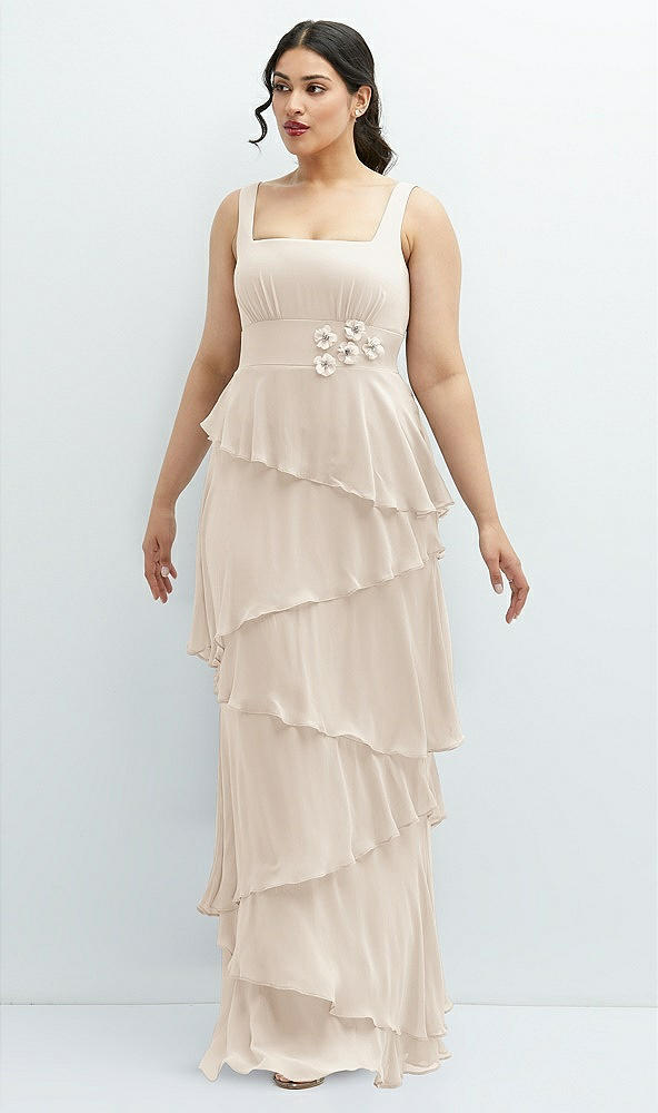 Front View - Oat Asymmetrical Tiered Ruffle Chiffon Maxi Dress with Handworked Flowers Detail