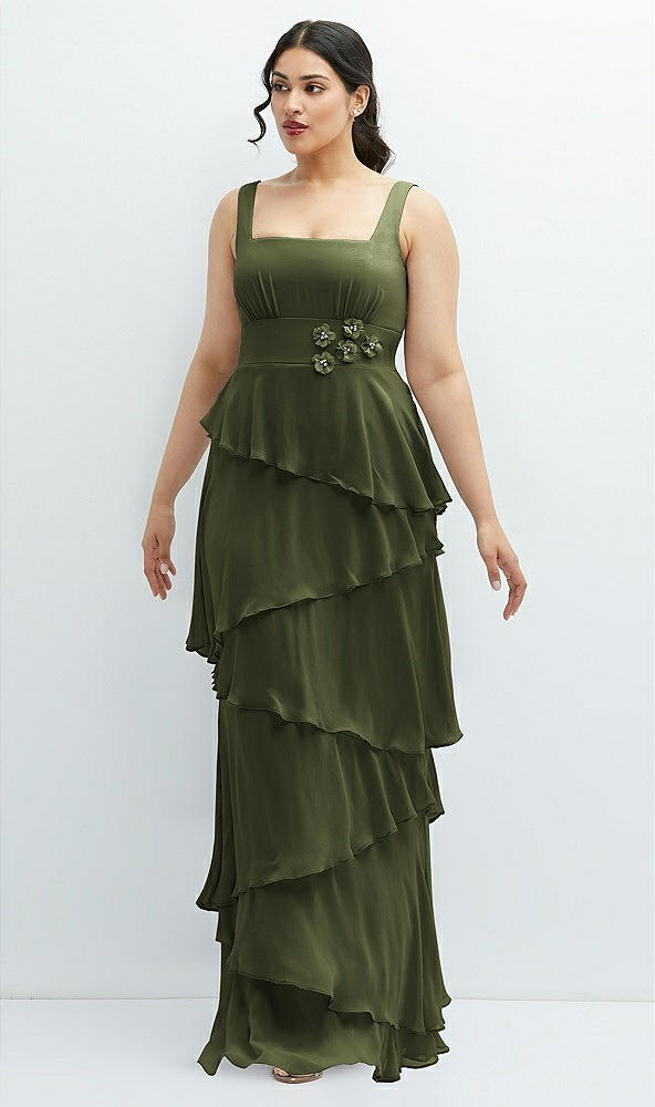 Front View - Olive Green Asymmetrical Tiered Ruffle Chiffon Maxi Dress with Handworked Flowers Detail