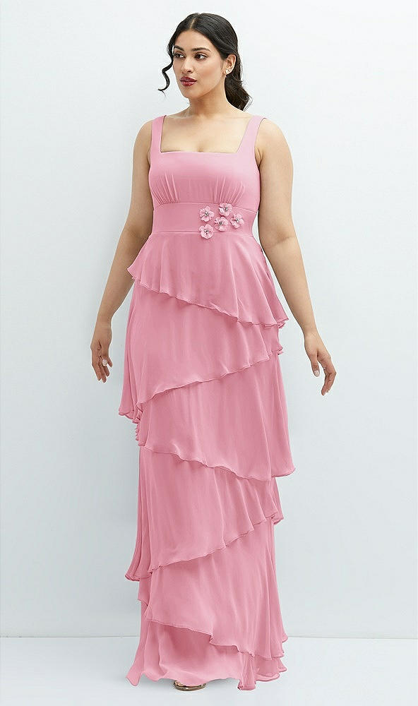 Front View - Peony Pink Asymmetrical Tiered Ruffle Chiffon Maxi Dress with Handworked Flowers Detail