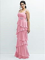 Side View Thumbnail - Peony Pink Asymmetrical Tiered Ruffle Chiffon Maxi Dress with Handworked Flowers Detail