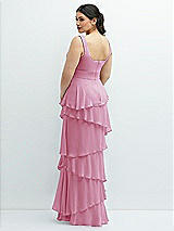 Rear View Thumbnail - Powder Pink Asymmetrical Tiered Ruffle Chiffon Maxi Dress with Handworked Flowers Detail