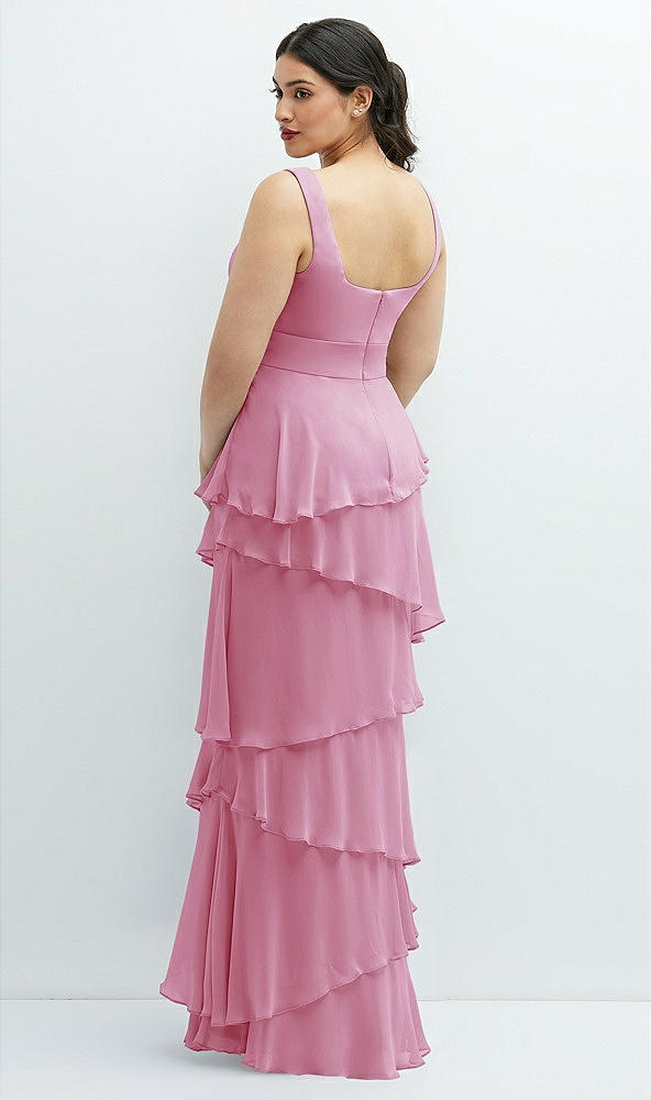 Back View - Powder Pink Asymmetrical Tiered Ruffle Chiffon Maxi Dress with Handworked Flowers Detail