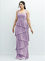 Front View Thumbnail - Pale Purple Asymmetrical Tiered Ruffle Chiffon Maxi Dress with Handworked Flowers Detail