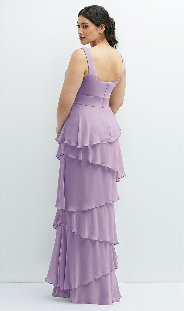 Back View - Pale Purple Asymmetrical Tiered Ruffle Chiffon Maxi Dress with Handworked Flowers Detail