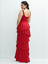Rear View Thumbnail - Parisian Red Asymmetrical Tiered Ruffle Chiffon Maxi Dress with Handworked Flowers Detail
