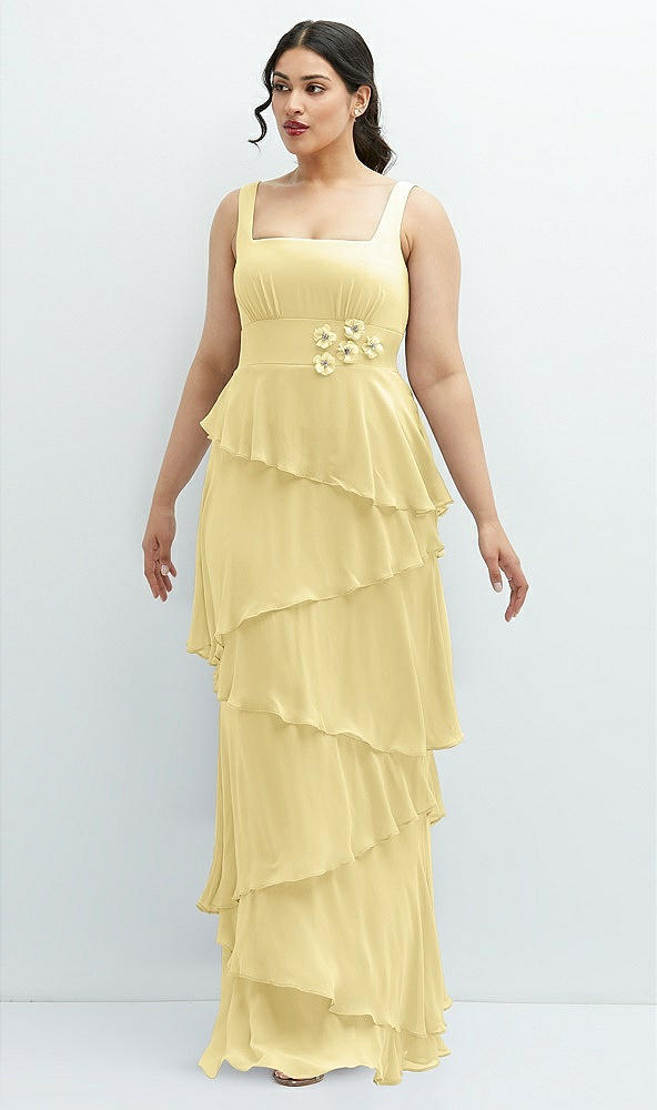 Front View - Pale Yellow Asymmetrical Tiered Ruffle Chiffon Maxi Dress with Handworked Flowers Detail