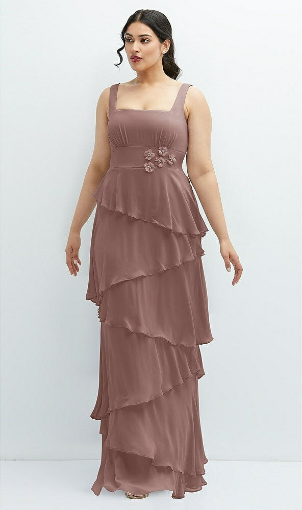 Front View - Sienna Asymmetrical Tiered Ruffle Chiffon Maxi Dress with Handworked Flowers Detail