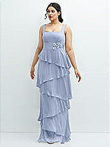 Front View Thumbnail - Sky Blue Asymmetrical Tiered Ruffle Chiffon Maxi Dress with Handworked Flowers Detail