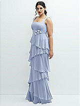 Side View Thumbnail - Sky Blue Asymmetrical Tiered Ruffle Chiffon Maxi Dress with Handworked Flowers Detail