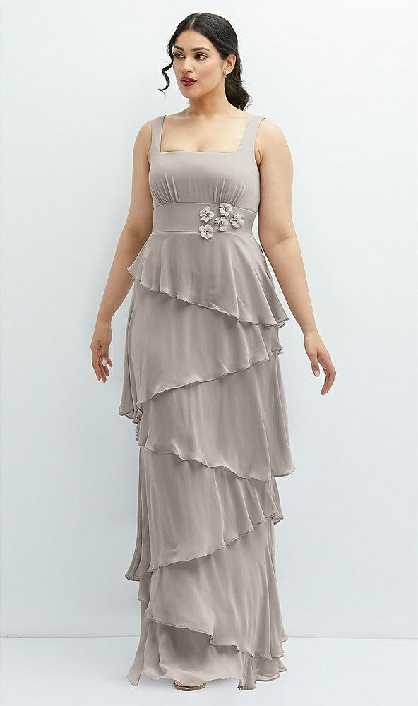 Front View - Taupe Asymmetrical Tiered Ruffle Chiffon Maxi Dress with Handworked Flowers Detail
